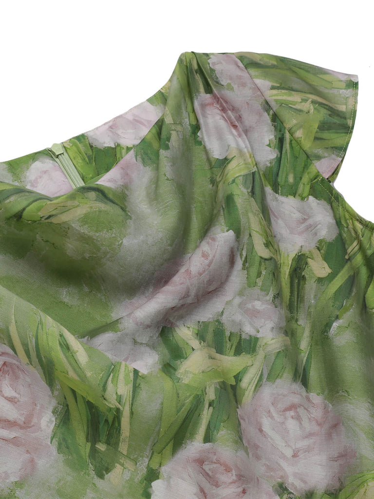 Grün 1960er Ölmalerei Rose Kleid