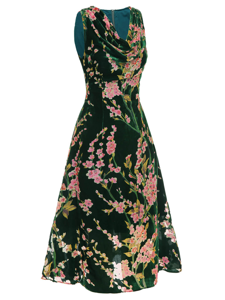 Grünes 1930er Kleid aus geblümtem Samt ohne Ärmel