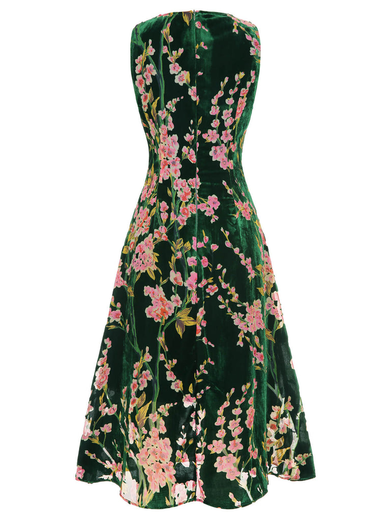 Grünes 1930er Kleid aus geblümtem Samt ohne Ärmel