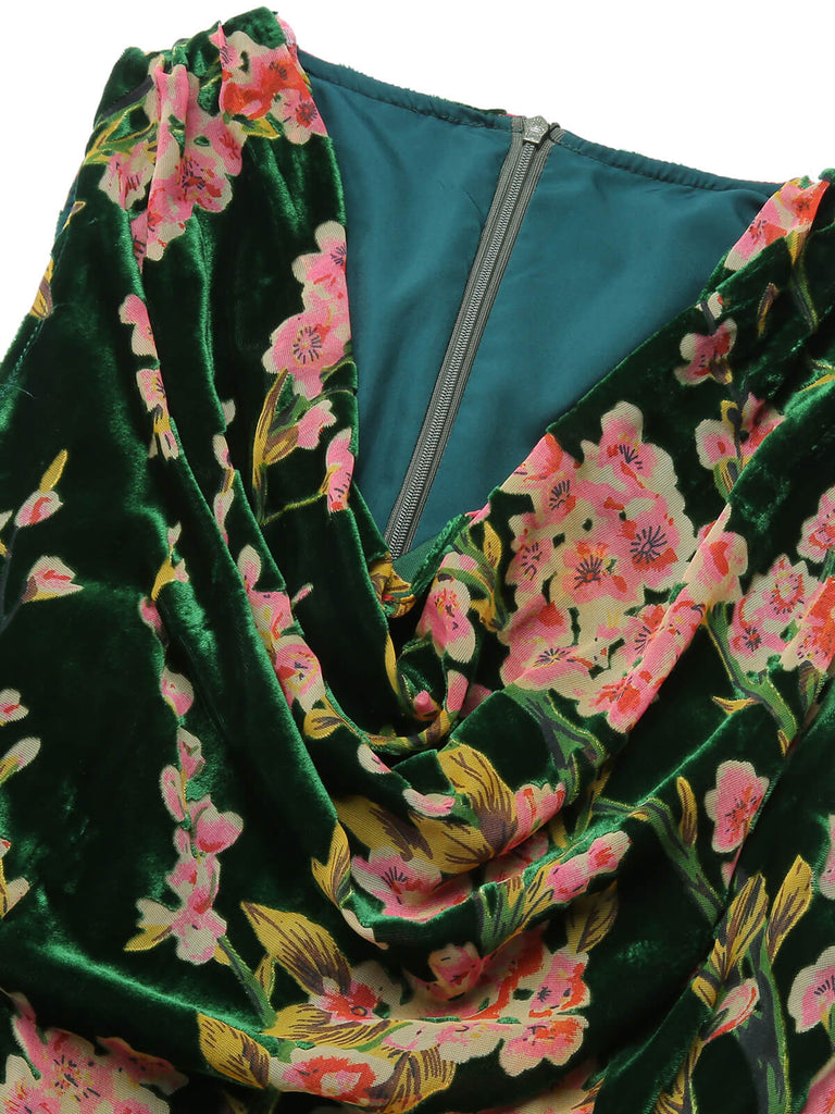 Grünes 1930er Kleid aus geblümtem Samt ohne Ärmel