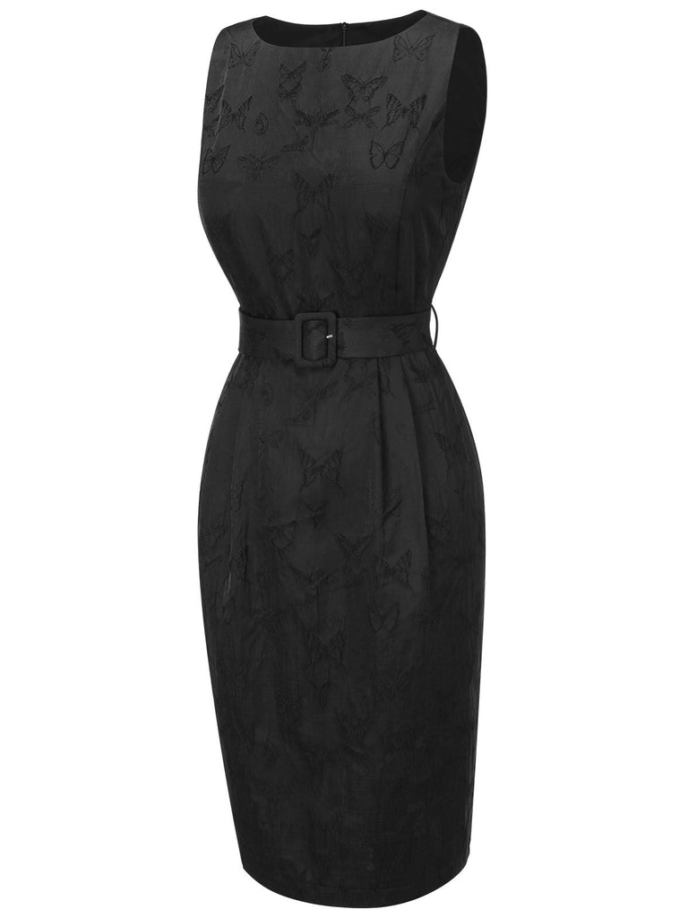 Schwarz 1960er Uni Ärmellos Schmetterlinge Gürtel Kleid