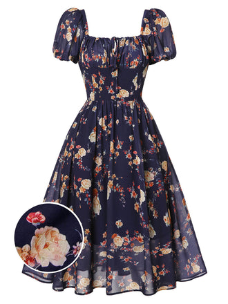 1950er Marineblaues Kleid mit geblümten Blasenärmeln