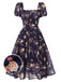 1950er Marineblaues Kleid mit geblümten Blasenärmeln