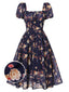 1950er Marineblaues Kleid mit geblümten Blasenärmeln