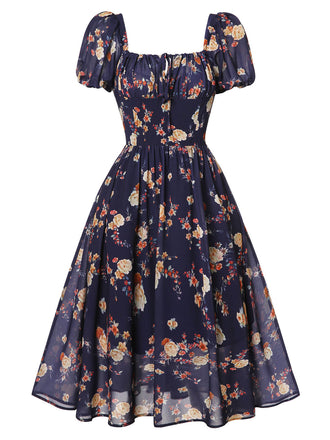 1950er Marineblaues Kleid mit geblümten Blasenärmeln