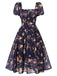 1950er Marineblaues Kleid mit geblümten Blasenärmeln