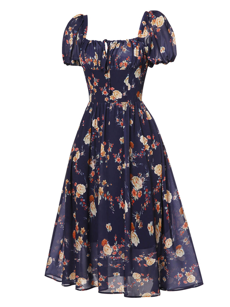1950er Marineblaues Kleid mit geblümten Blasenärmeln