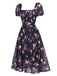 1950er Marineblaues Kleid mit geblümten Blasenärmeln
