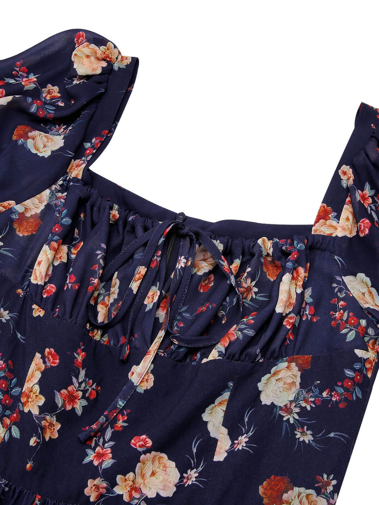 1950er Marineblaues Kleid mit geblümten Blasenärmeln