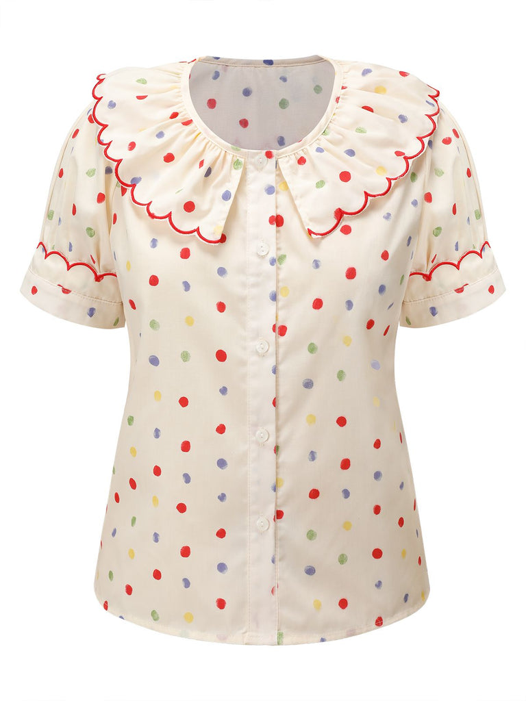 1950er Bunte Polka Dot Spitzenkragenbluse