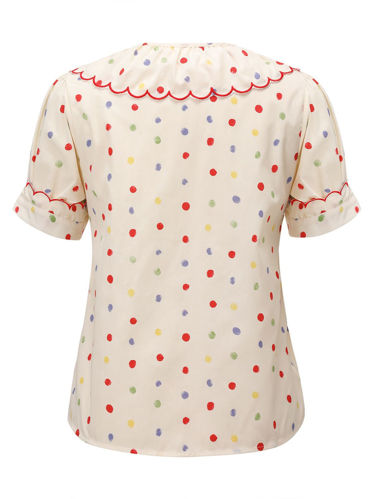 1950er Bunte Polka Dot Spitzenkragenbluse