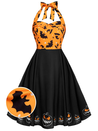 Schwarzes 1950er Halloween Kürbis Fledermaus Trägerkleid