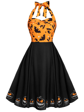 Schwarzes 1950er Halloween Kürbis Fledermaus Trägerkleid
