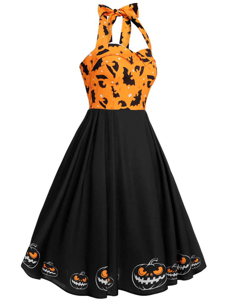 Schwarzes 1950er Halloween Kürbis Fledermaus Trägerkleid