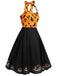 Schwarzes 1950er Halloween Kürbis Fledermaus Trägerkleid