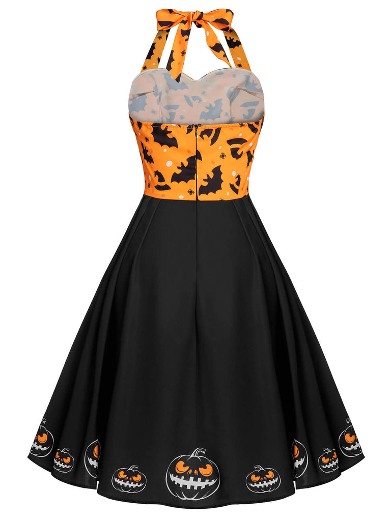Schwarzes 1950er Halloween Kürbis Fledermaus Trägerkleid