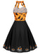 Schwarzes 1950er Halloween Kürbis Fledermaus Trägerkleid