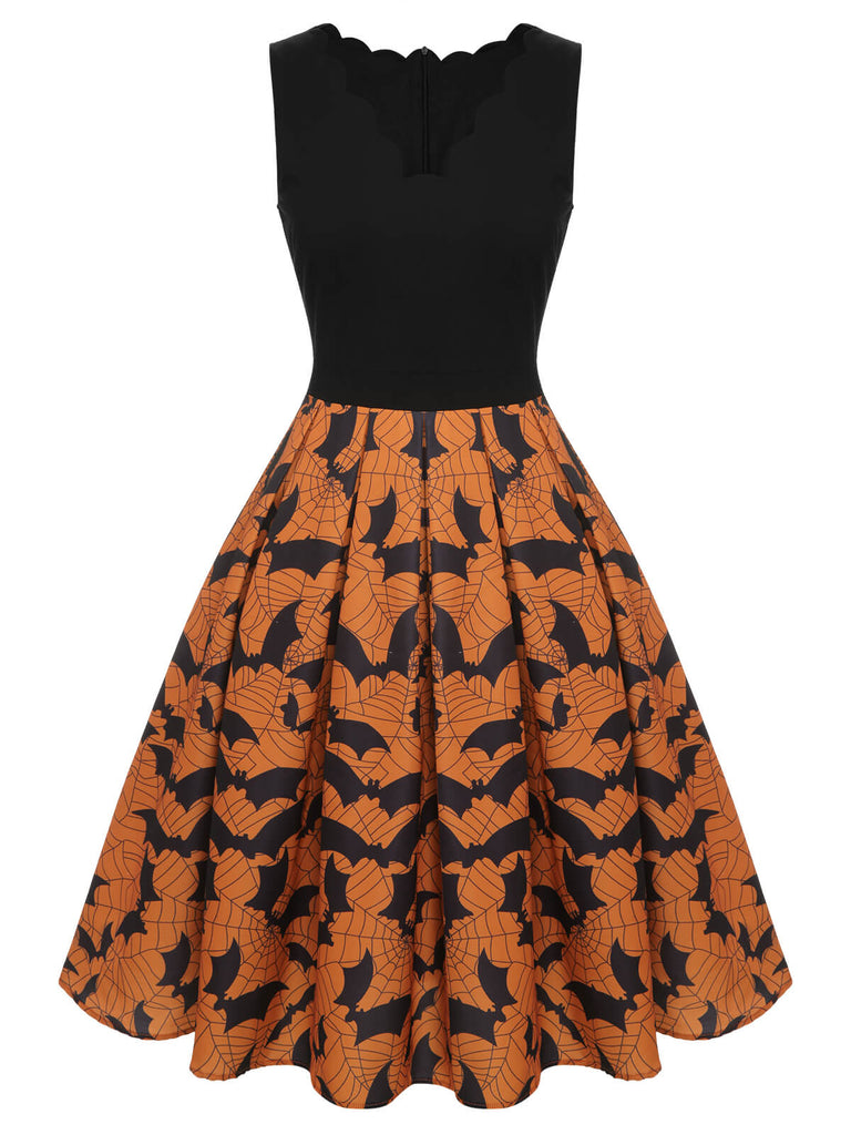 Schwarz & Orange 1950er Halloween Fledermaus ärmelloses Kleid