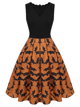 Schwarz & Orange 1950er Halloween Fledermaus ärmelloses Kleid
