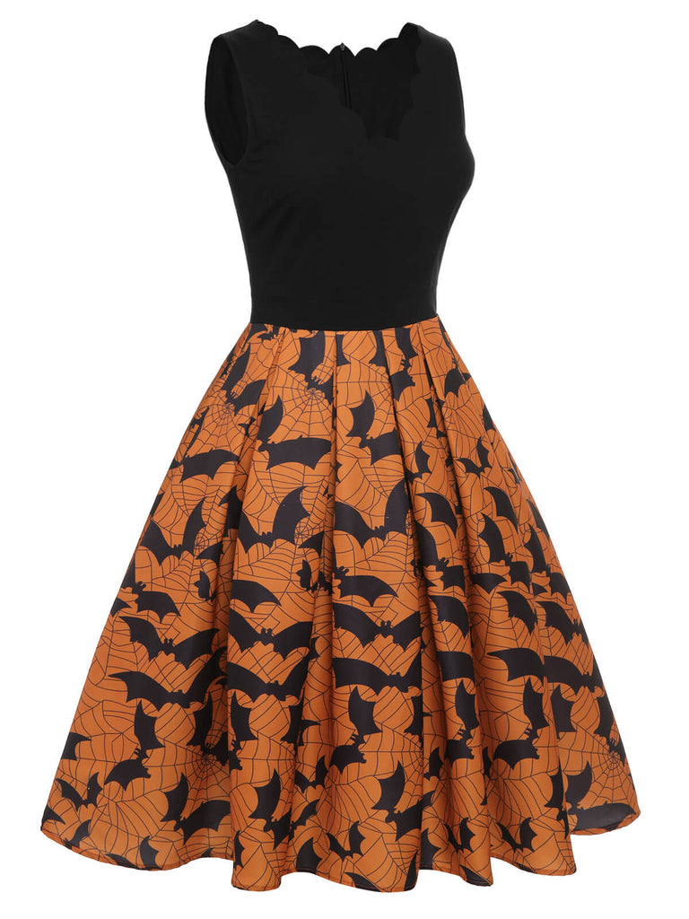 Schwarz & Orange 1950er Halloween Fledermaus ärmelloses Kleid