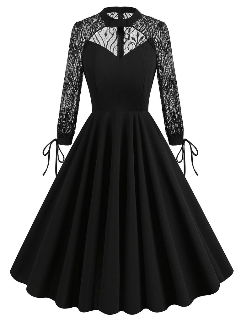 Schwarzes Halloween-Kleid aus bestickter Spitze in Patchwork-Optik