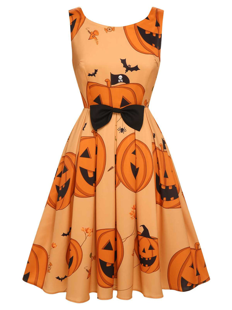 Orangefarbenes ärmelloses 1950er Halloween-Kleid mit Perlenstickerei