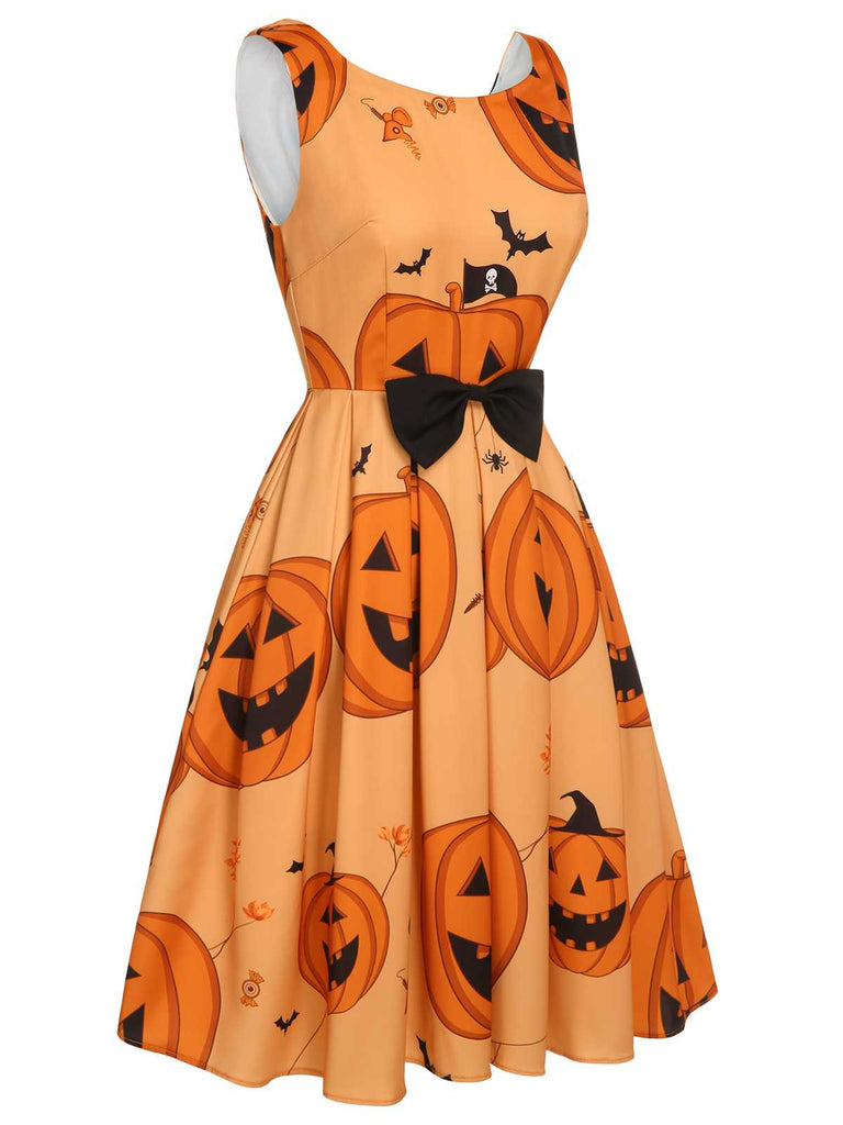 Orangefarbenes ärmelloses 1950er Halloween-Kleid mit Perlenstickerei