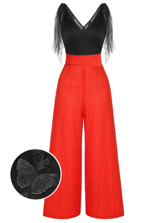 Schwarzer & roter 1950er Patchwork-Overall mit Punkten