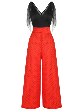 Schwarzer & roter 1950er Patchwork-Overall mit Punkten