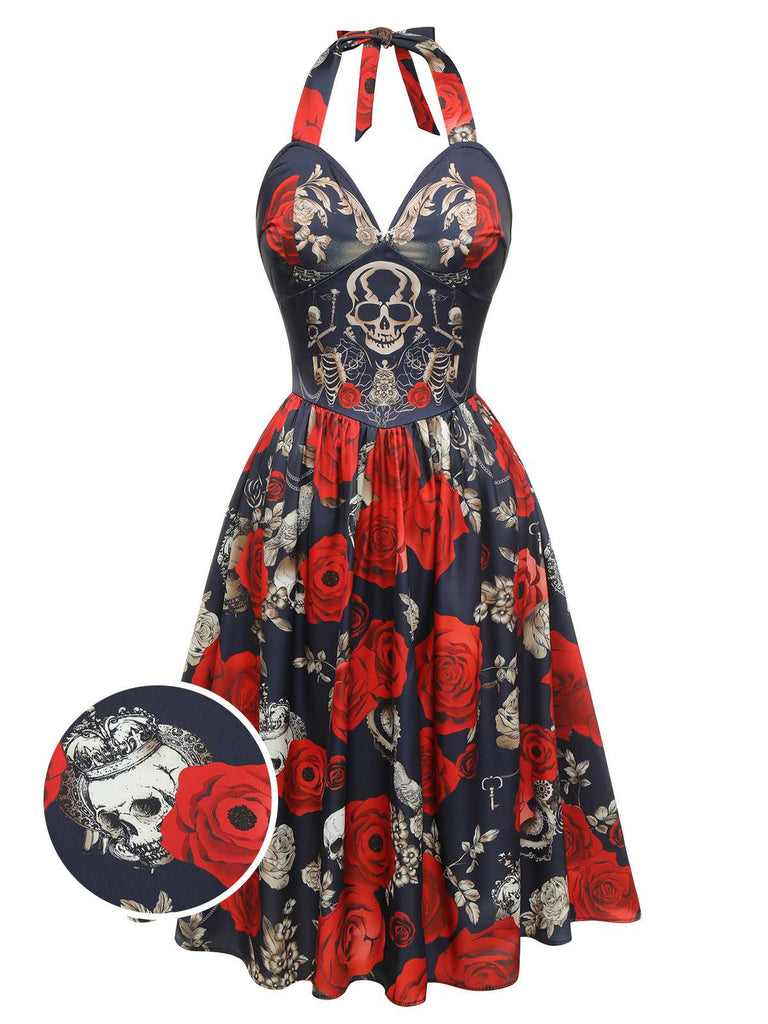 Schwarz 1950er Gothic Herzförmiger Hals Skelett Rose Swing Kleid