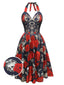 Schwarz 1950er Gothic Herzförmiger Hals Skelett Rose Swing Kleid