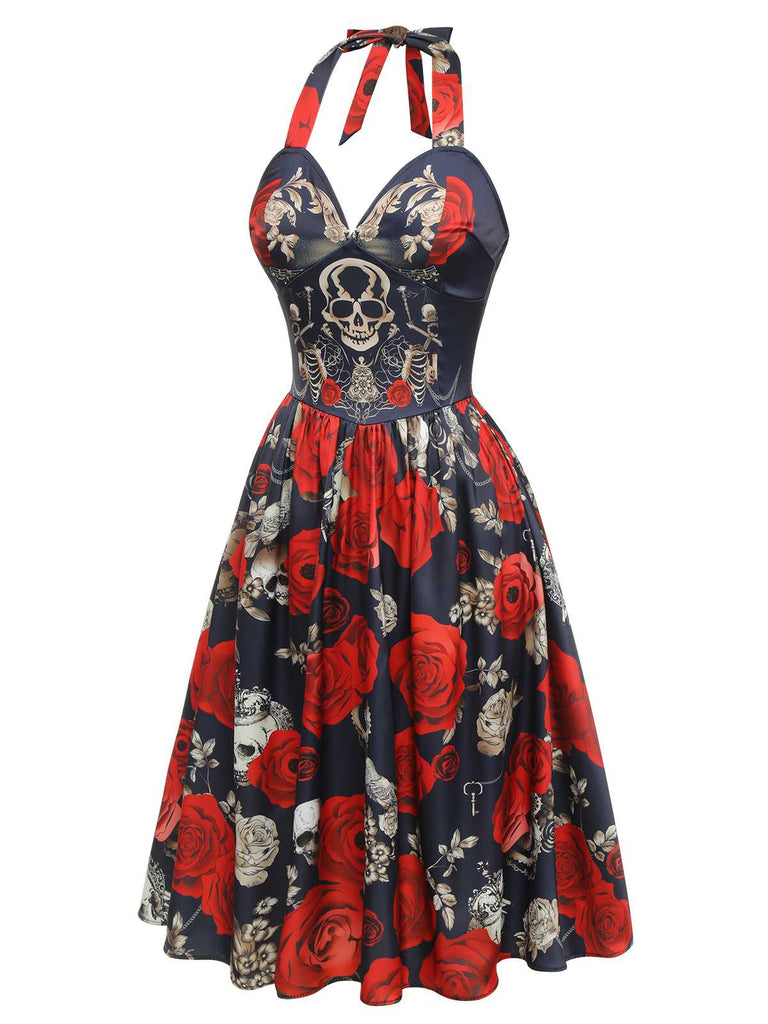 Schwarz 1950er Gothic Herzförmiger Hals Skelett Rose Swing Kleid