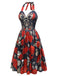 Schwarz 1950er Gothic Herzförmiger Hals Skelett Rose Swing Kleid