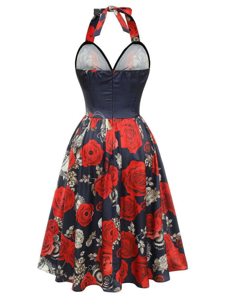 Schwarz 1950er Gothic Herzförmiger Hals Skelett Rose Swing Kleid