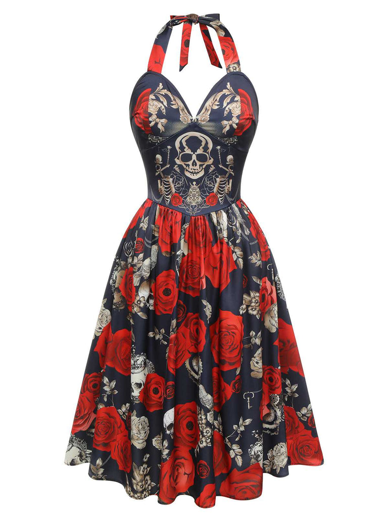 Schwarz 1950er Gothic Herzförmiger Hals Skelett Rose Swing Kleid