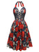 Schwarz 1950er Gothic Herzförmiger Hals Skelett Rose Swing Kleid