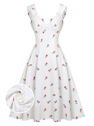 Weißes Satin Kirsch Pünktchen Kleid