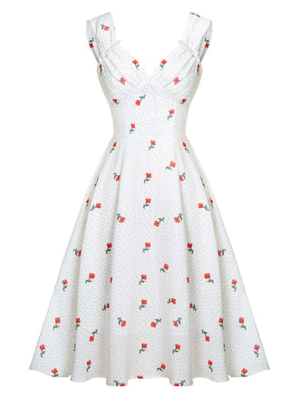 Weißes Satin Kirsch Pünktchen Kleid
