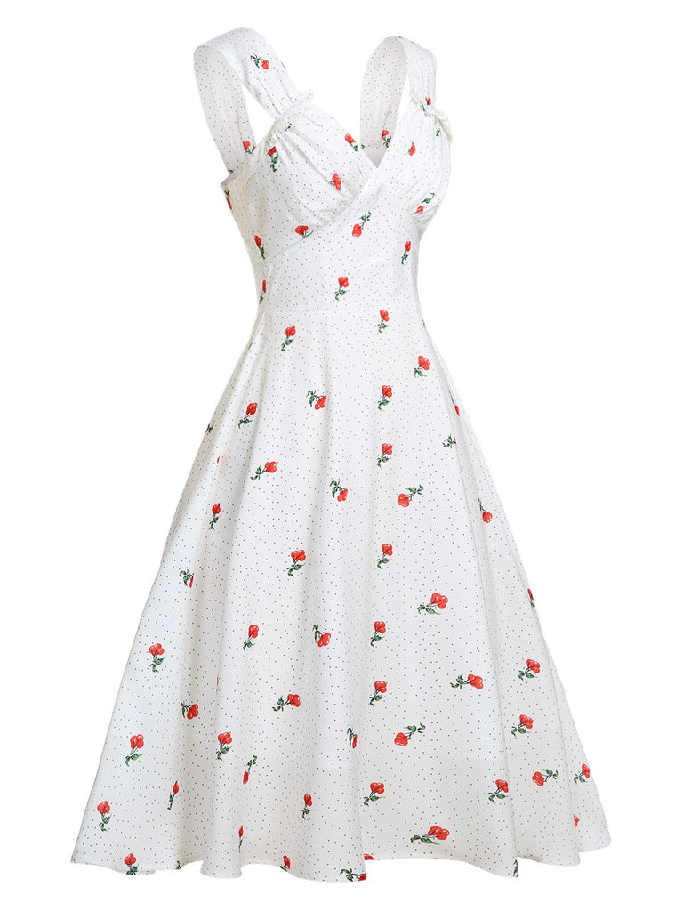 Weißes Satin Kirsch Pünktchen Kleid