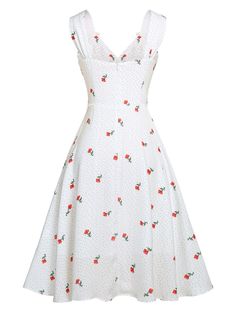 Weißes Satin Kirsch Pünktchen Kleid