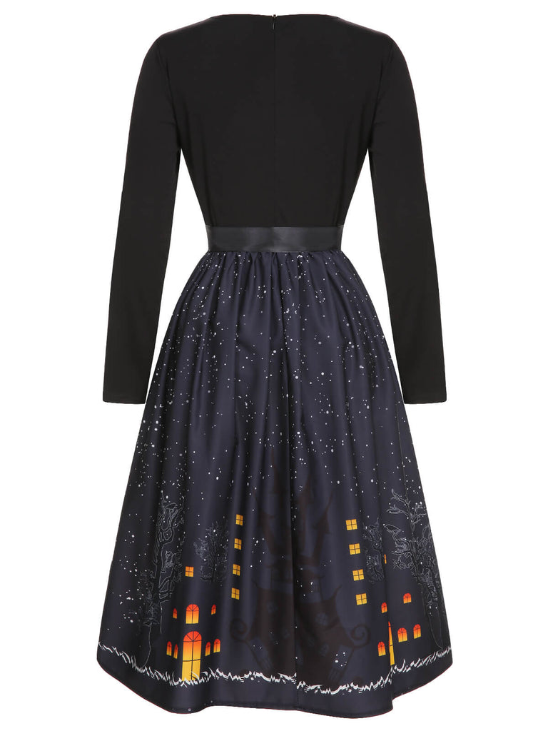Schwarz 1950er Halloween Fledermaus Kürbis Kostüm Swing Langarmkleid