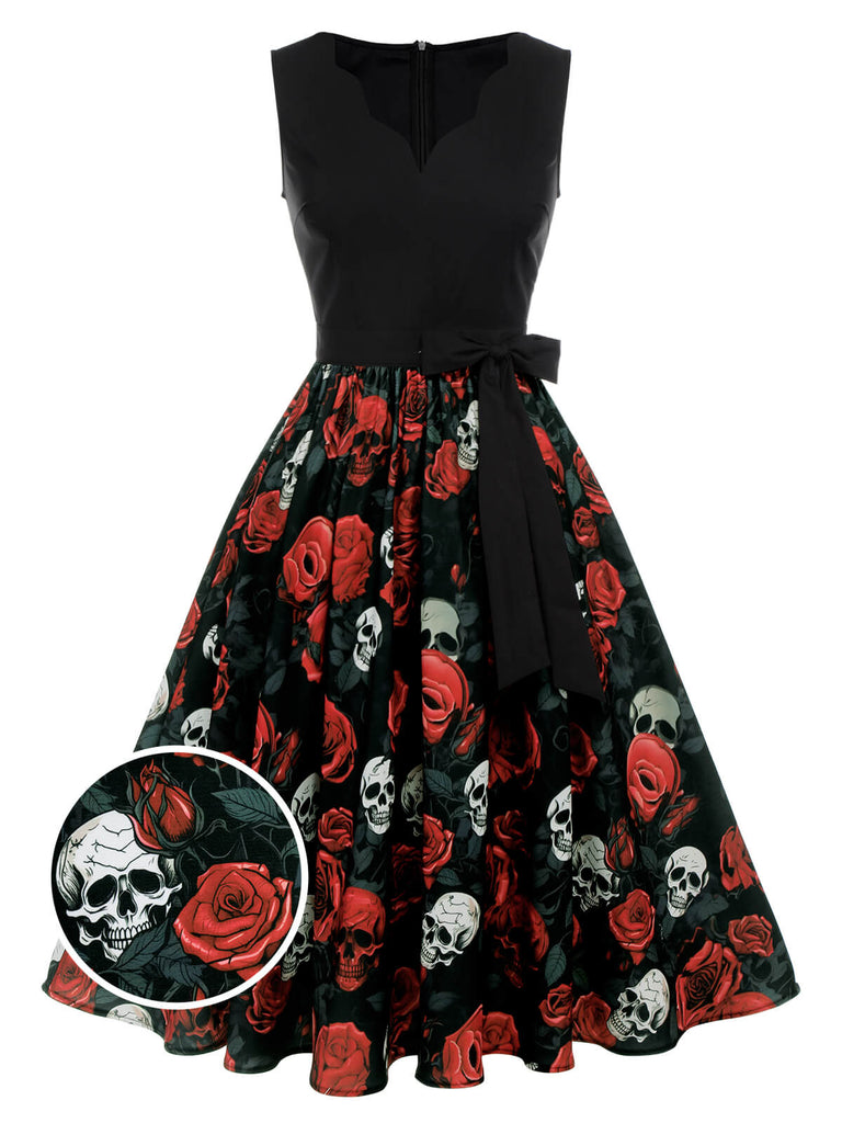 Schwarz 1950er Halloween Totenkopf Rose Ärmelloses Kleid