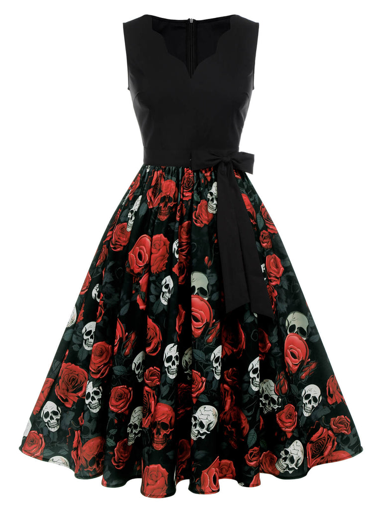 Schwarz 1950er Halloween Totenkopf Rose Ärmelloses Kleid