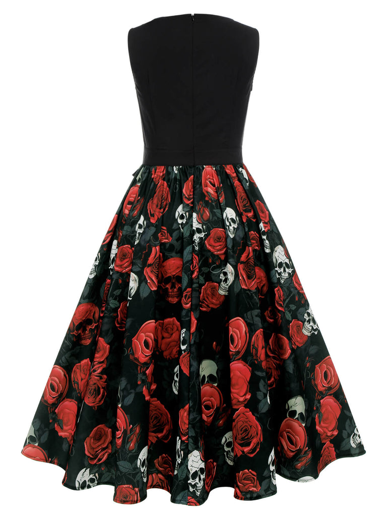 Schwarz 1950er Halloween Totenkopf Rose Ärmelloses Kleid