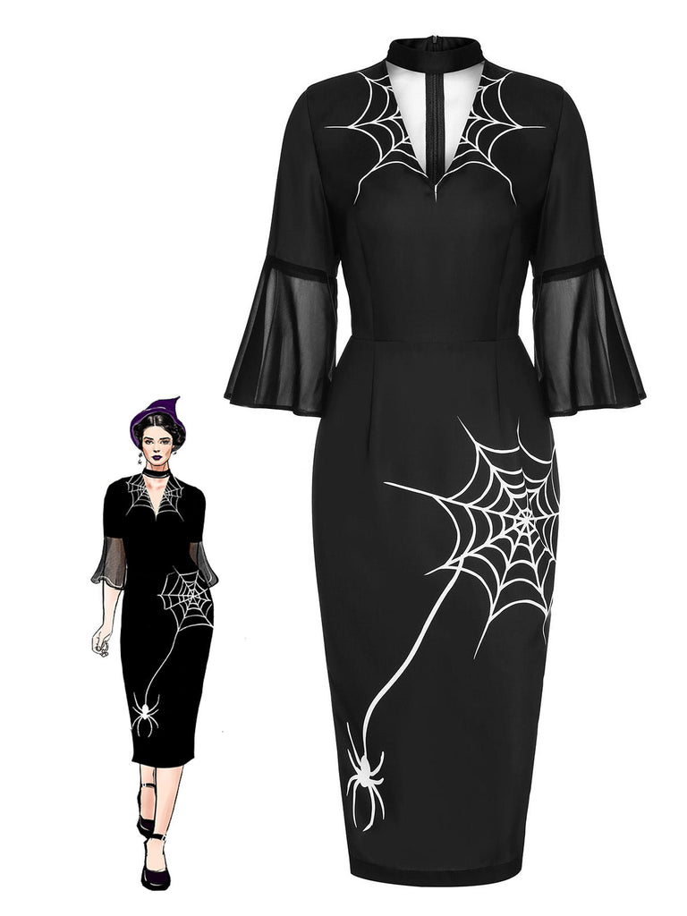 Schwarzes 1960er Halloween Spinnennetz Glocken-Bleistiftkleid