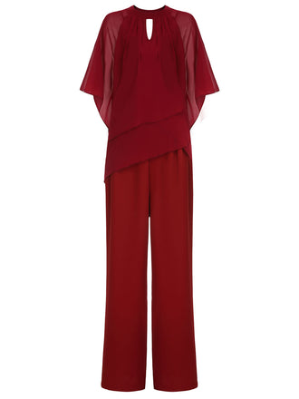 2PCS Burgundy 1950s Keyhole Sheer Stiching Top & Solid Pants