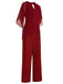 2PCS Burgundy 1950s Keyhole Sheer Stiching Top & Solid Pants