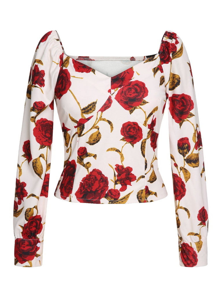 1960er Weihnachten Französisch Rose Floral geschlitzt Bluse