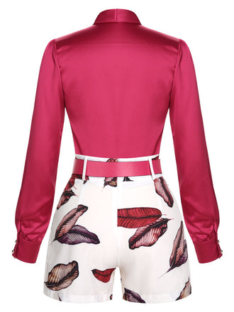 2PCS Red Solid V-Ausschnitt Shirts & Pflanzen Gürtel Shorts