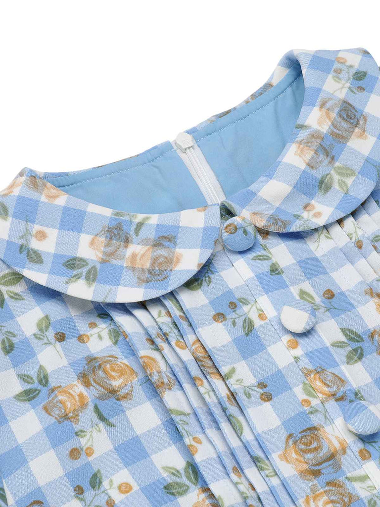Blaues 1960er Puffärmel-Kleid mit Blumenmuster